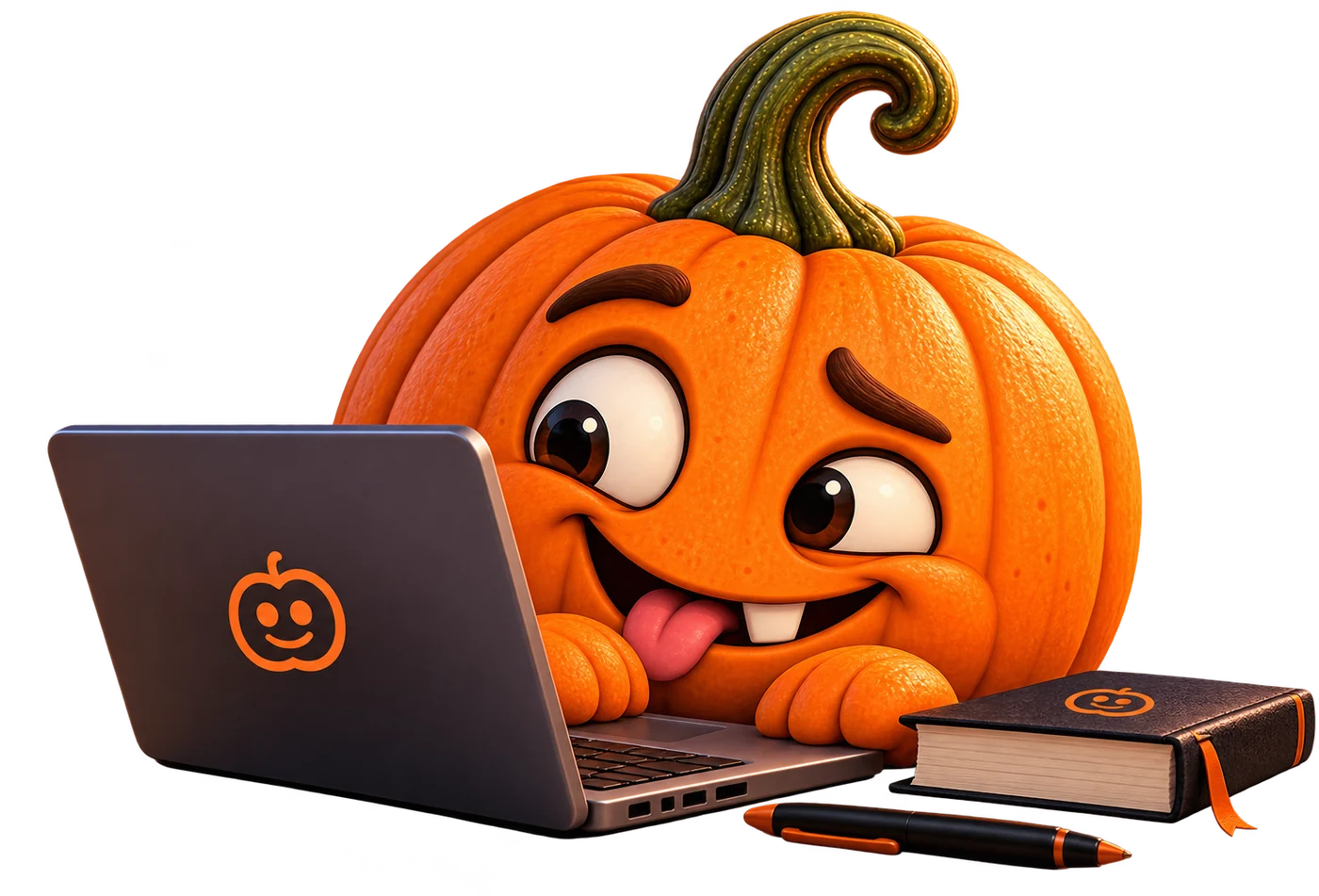 The dumbbpumpkins mascot: a bright orange, buck-toothed pumpkin with a curly stem, typing mischievously at a laptop beside a book and pen.